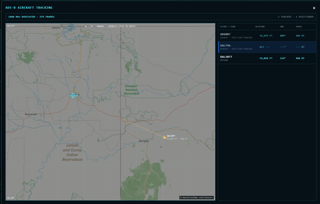 SPECTER SDR ADS-B aircraft tracking map showing three decoded contacts with flight altitude heading and speed