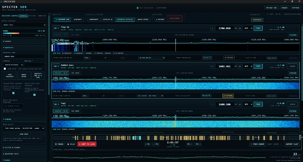 Four independent SDR receivers operating inside one SPECTER SDR Windows workspace