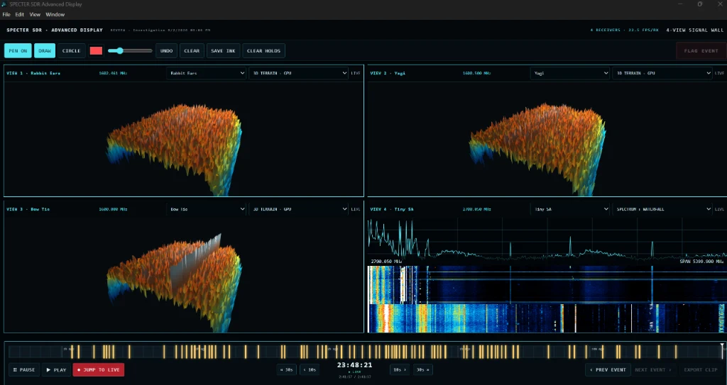 SPECTER SDR secondary Advanced Display with four synchronized spectrum and interactive 3D analysis views