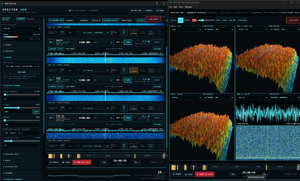 SPECTER SDR workstation with three SDR receivers and a TinySA spectrum analyzer beside a four-tile Advanced Display